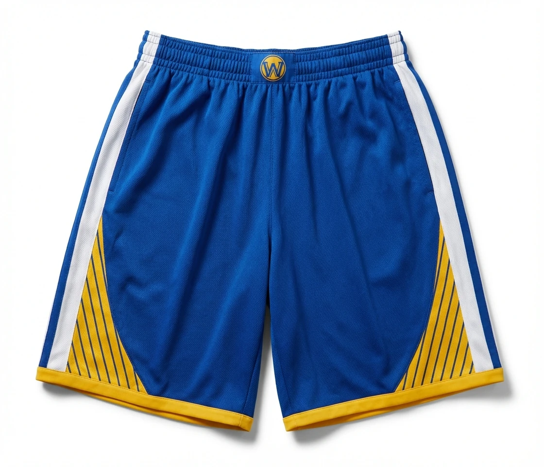 The blue, white and yellow shorts of the Golden State Warriors for Curry.