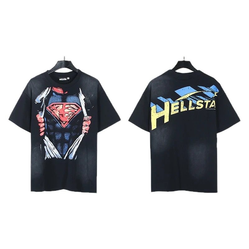 Hellstar Superman Print Vintage Distressed Black T-Shirt