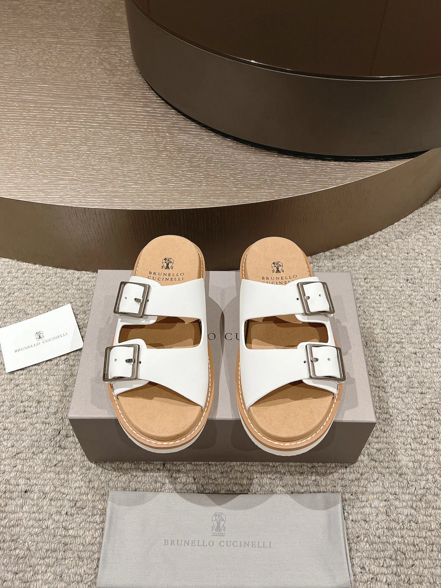 Brunello Cucinelli Double-Button Minimalist-Style White Slide Sandals