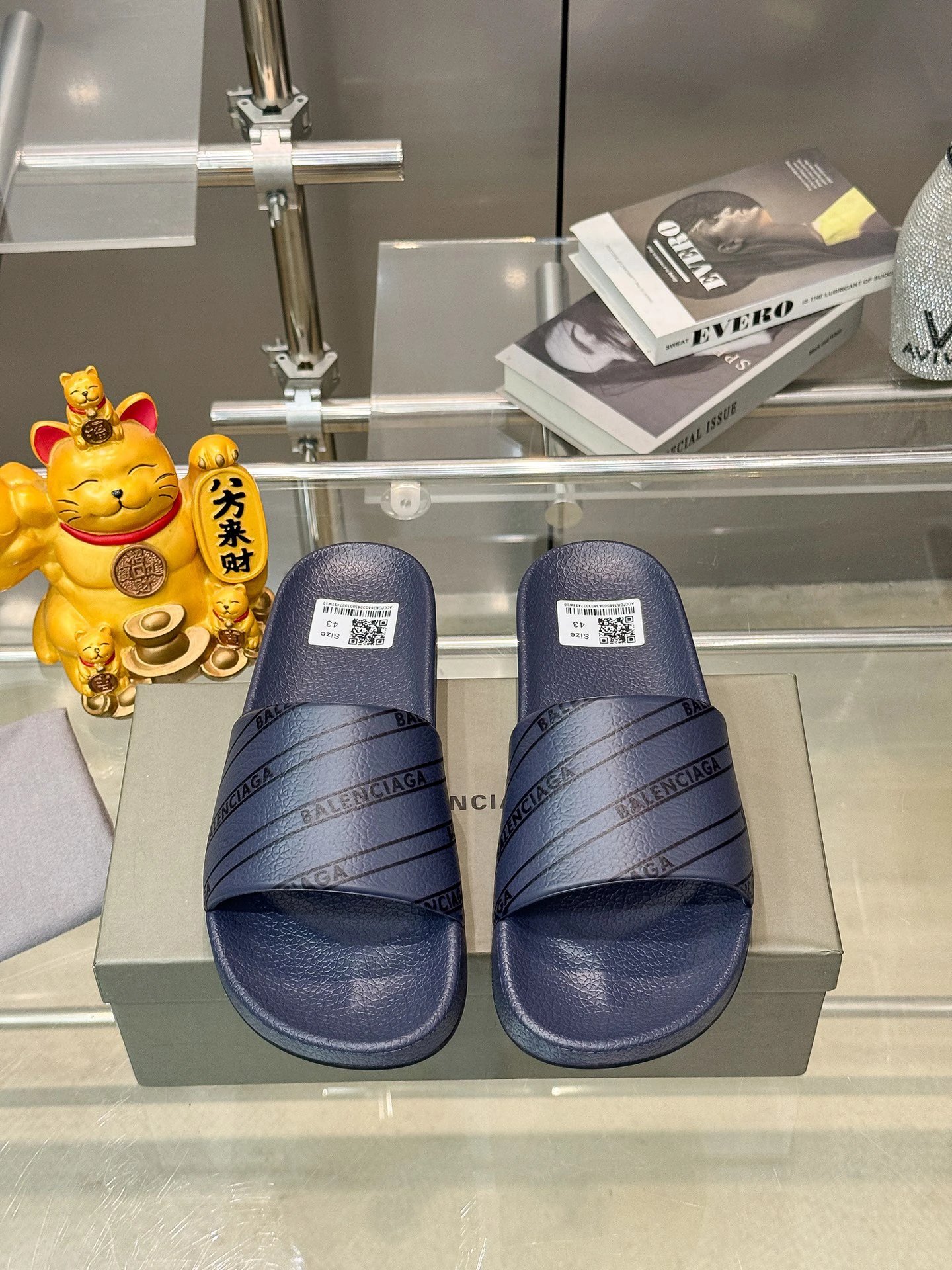 Balenciaga All-over Print Casual Style Navy Blue Slippers