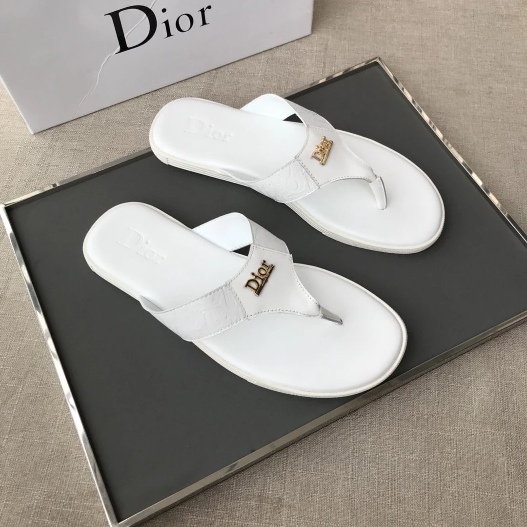 Dior Classic Metal Logo Minimalist Style White Flip-Flops