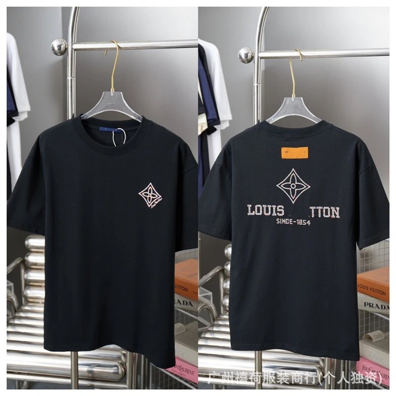 Louis Vuitton Monogram Embroidered Trendy Style Black T-Shirt