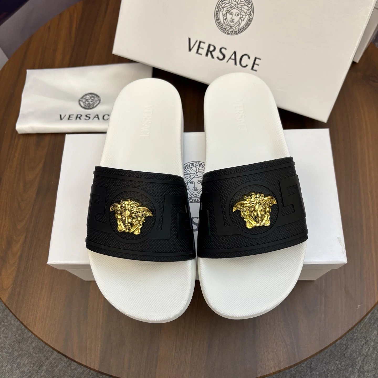 Versace Medusa Luxury Style White, Black and Gold Slides