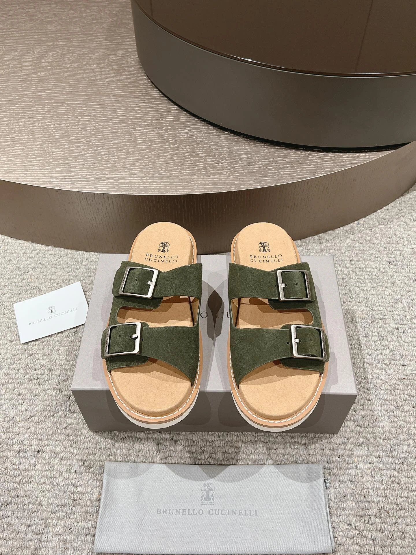 Brunello Cucinelli Casual Style Army Green Double-Buckle Slide Sandals