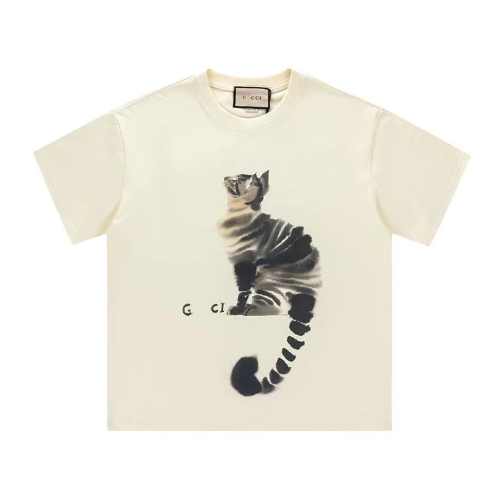Gucci Cat Print Casual Off-White Short-Sleeve T-Shirt