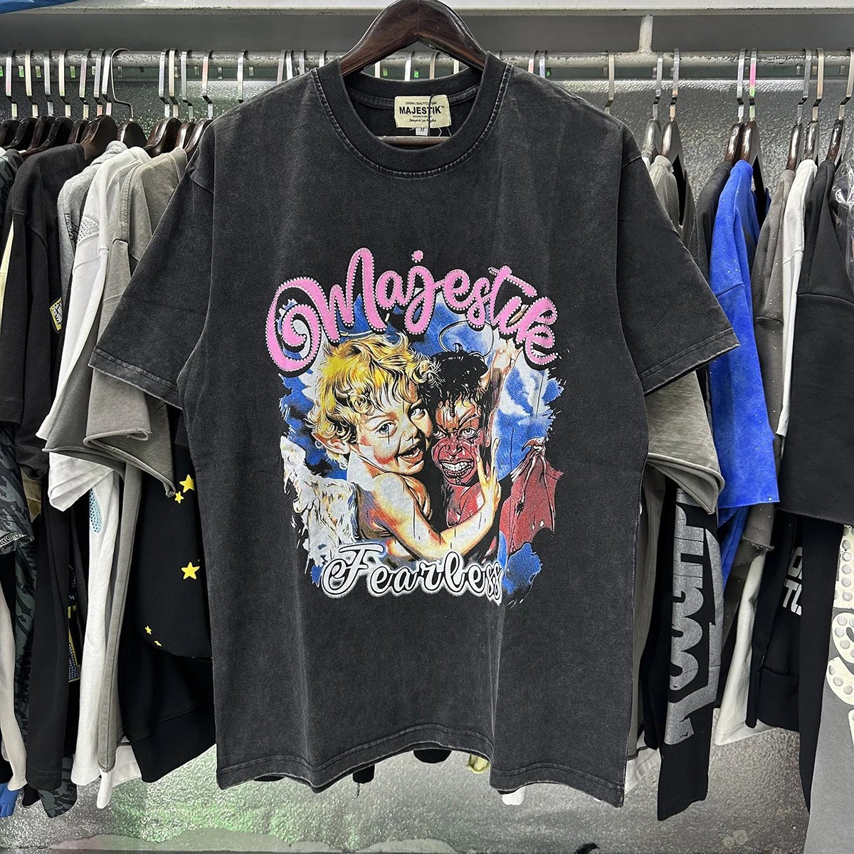 MAJESTIK Angel & Demon Vintage Style Black T-Shirt