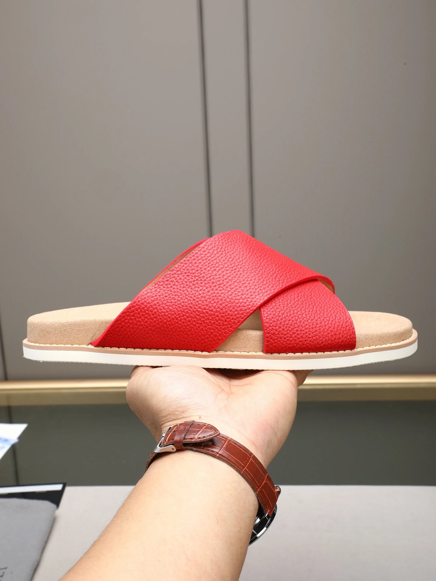 Brunello Cucinelli Cross-Strap Casual Red Slide Sandals