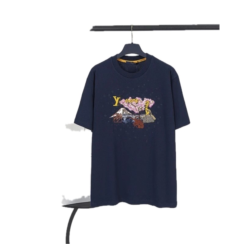 Louis Vuitton Embroidered Trendy Luxury Navy Blue Short-sleeve T-shirt
