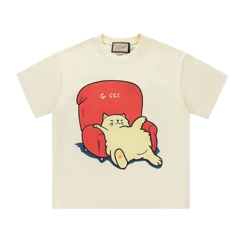 Gucci Cat Print Casual Off-White T-Shirt