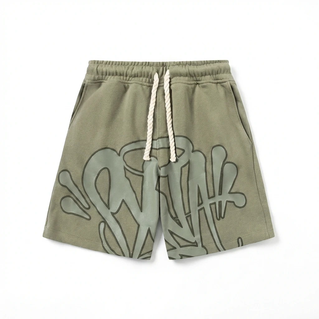 SynaWorld graffiti-style military green shorts