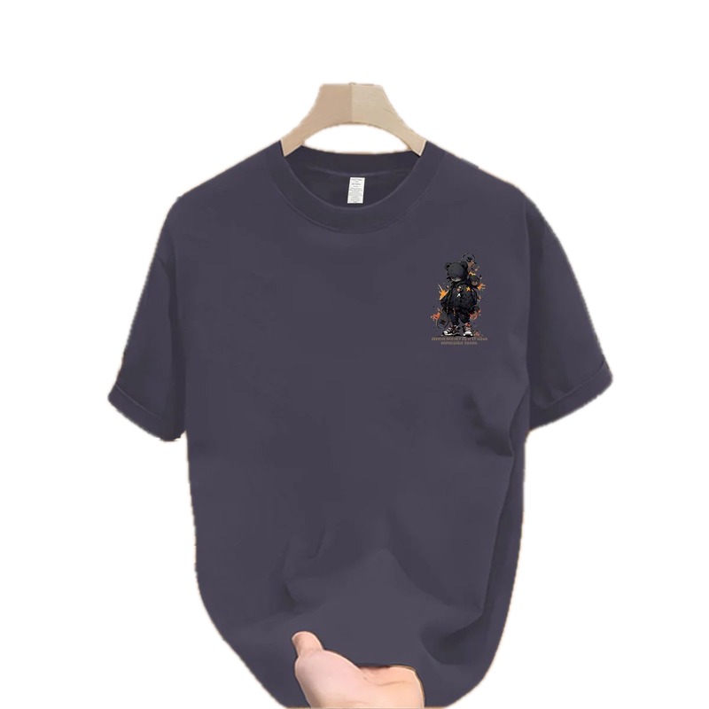 Trendy Streetwear Street-style Grey-blue Short-sleeve T-shirt with Bear Print