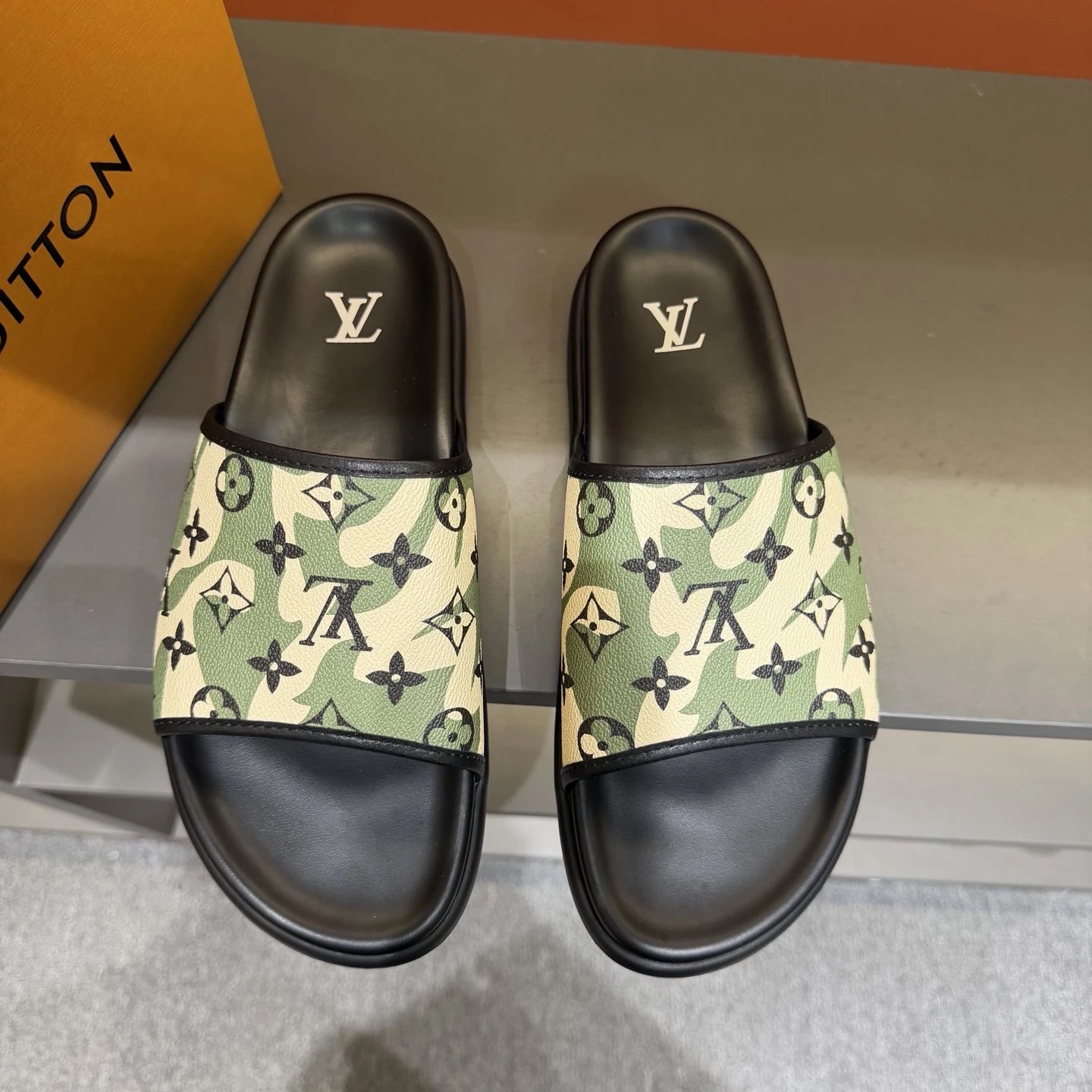Louis Vuitton Monogram Camouflage-Style Green Slides