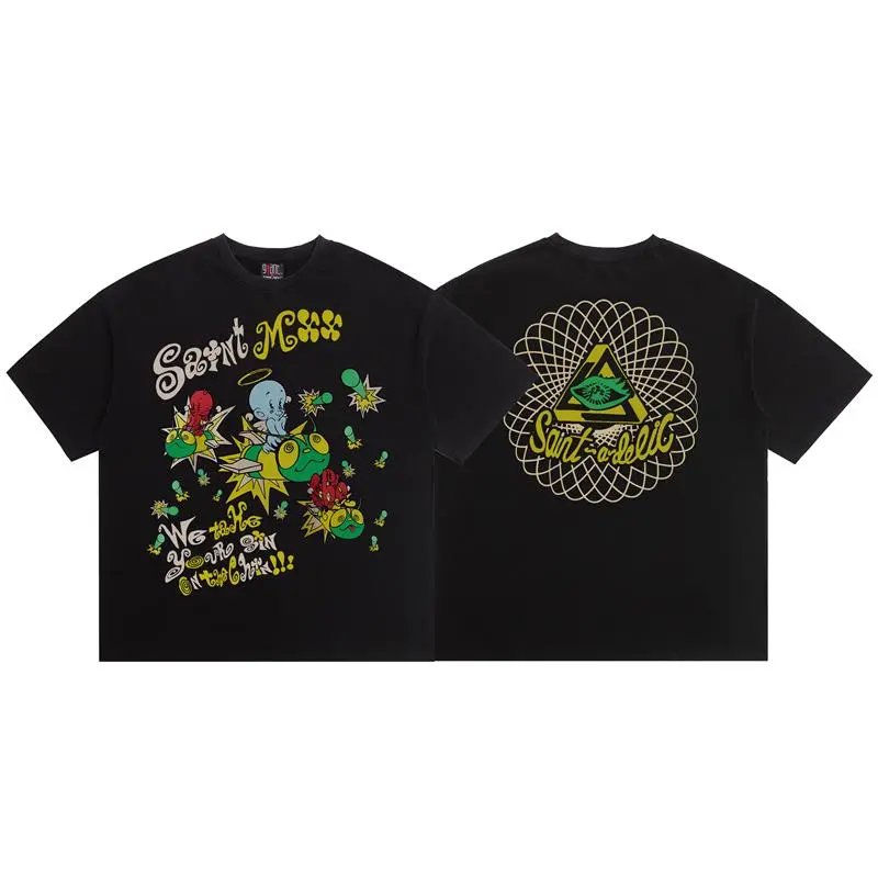SAINT Cartoon Graffiti Street Style Black T-Shirt