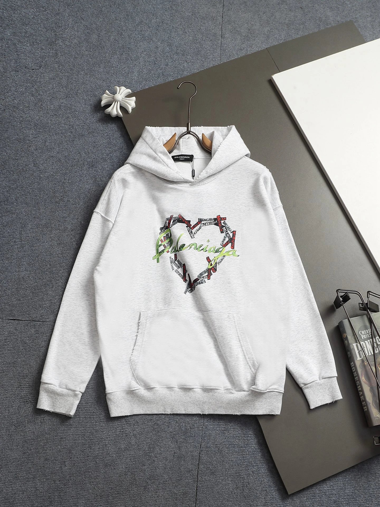 Gray Pullover Hoodie with Colorful Broken Hearts Hoodie with Zip Detail