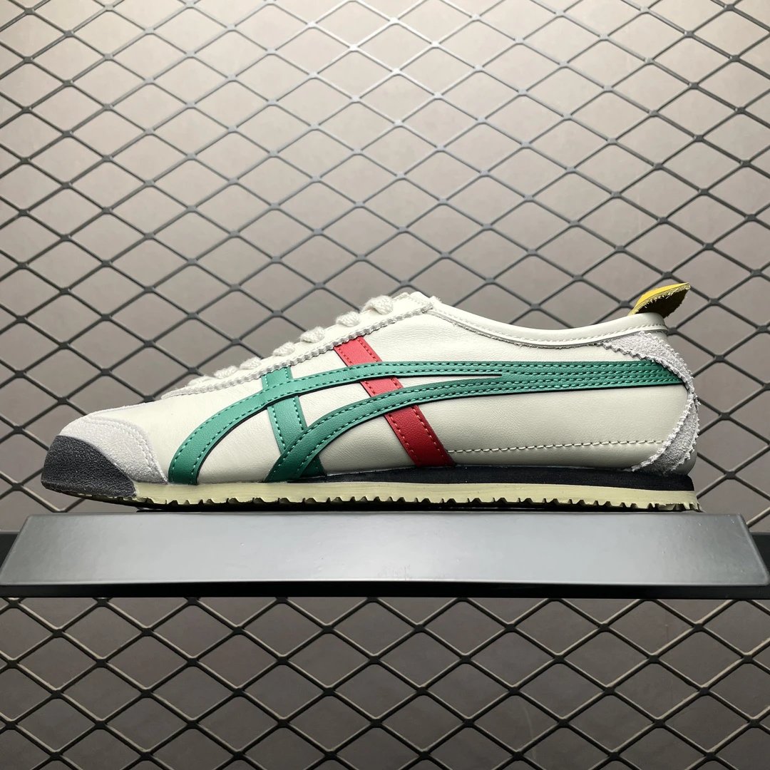 Onitsuka Tiger Cream, Green and Red Low-Top Sneakers with Classic Lace-Up