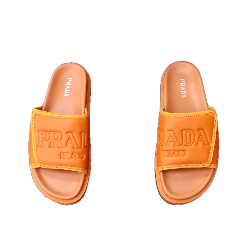 Prada Embossed Light Luxury Style Orange Slide Sandals
