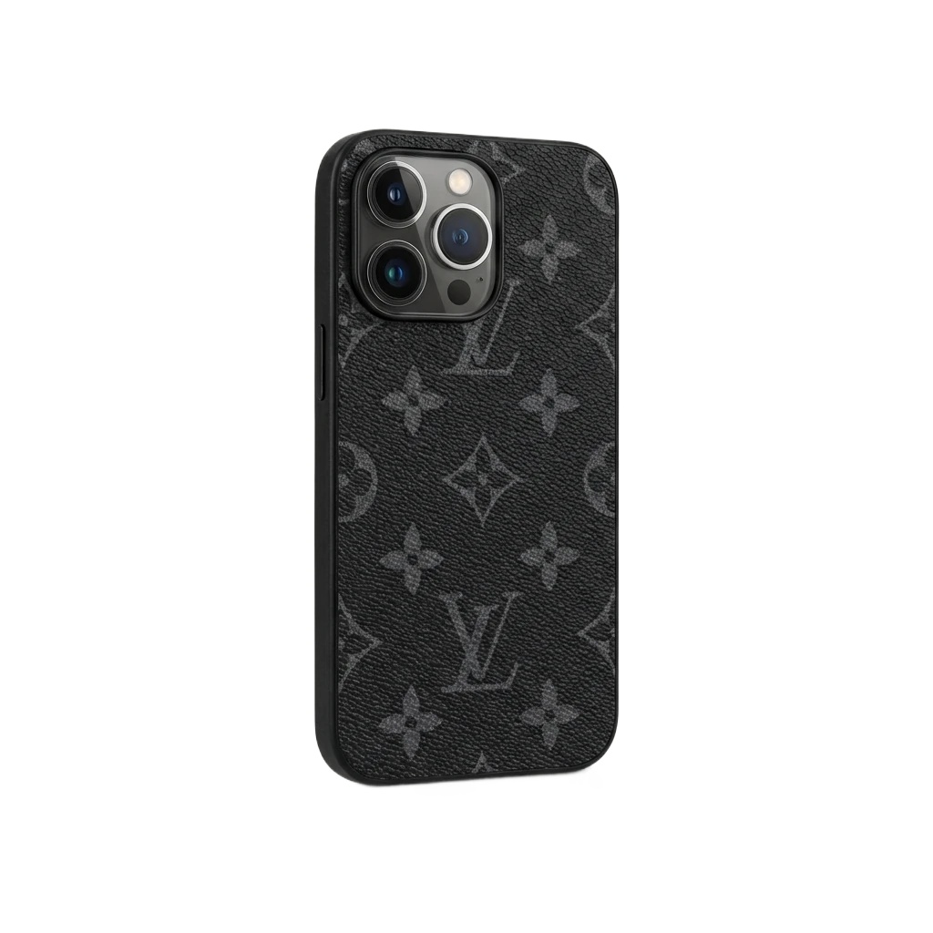 Black iPhone case with LV monogram pattern