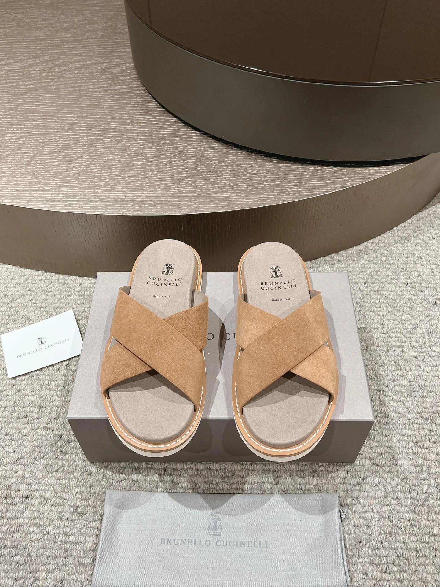 Brunello Cucinelli Casual-style Camel Cross-strap Slide Sandals