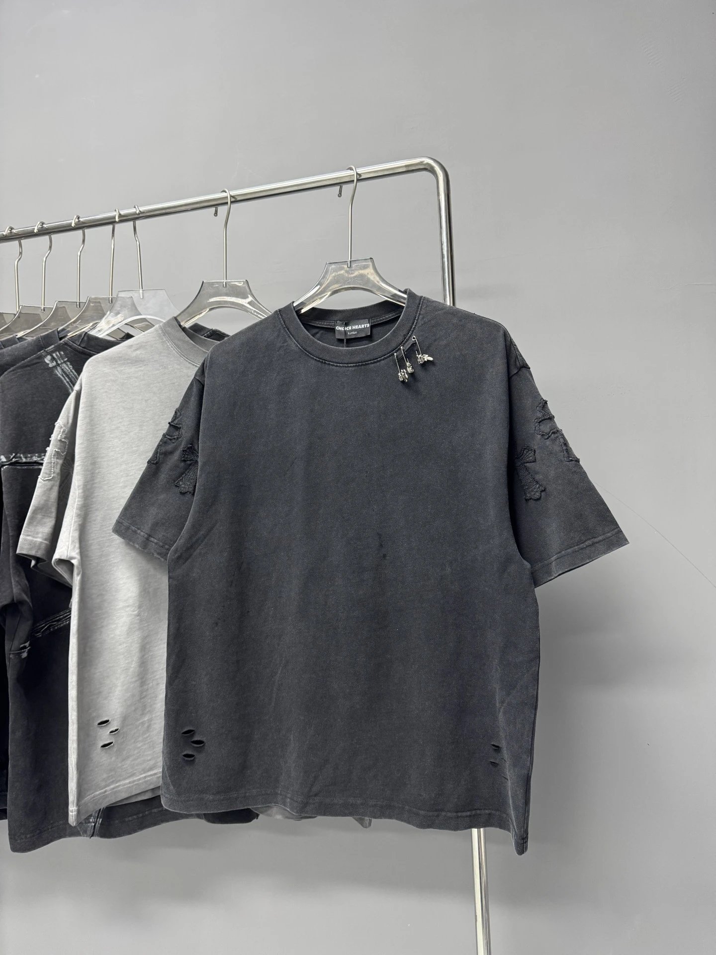Chrome Hearts Cross Distressed Vintage Charcoal Black Short-sleeve T-shirt