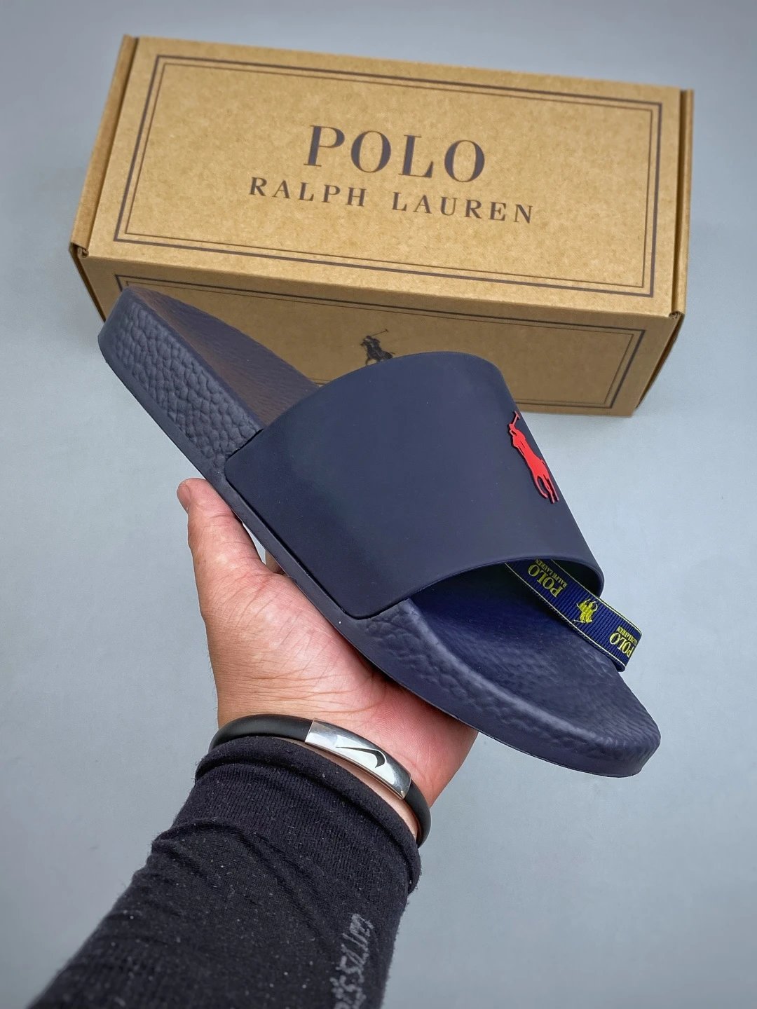 Ralph Lauren Navy Blue Logo Slides and Wide Upper Band