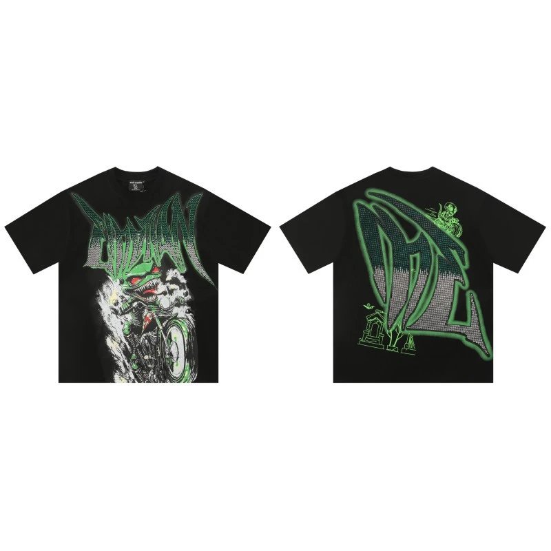 Mixed Emotion Motorcycle Gothic Style Black and Green Short Sleeve T-Shirt