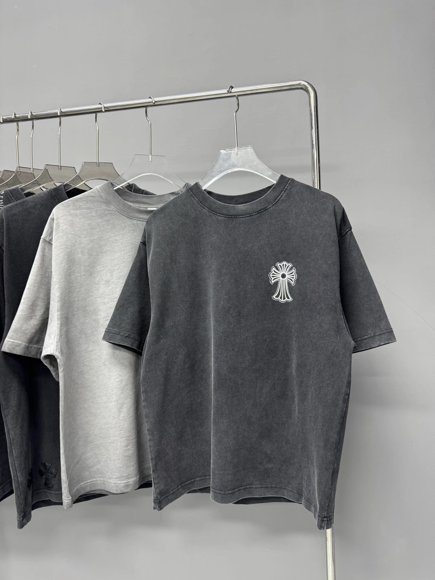 Chrome Hearts Cross Vintage Distressed Charcoal Grey T-Shirt