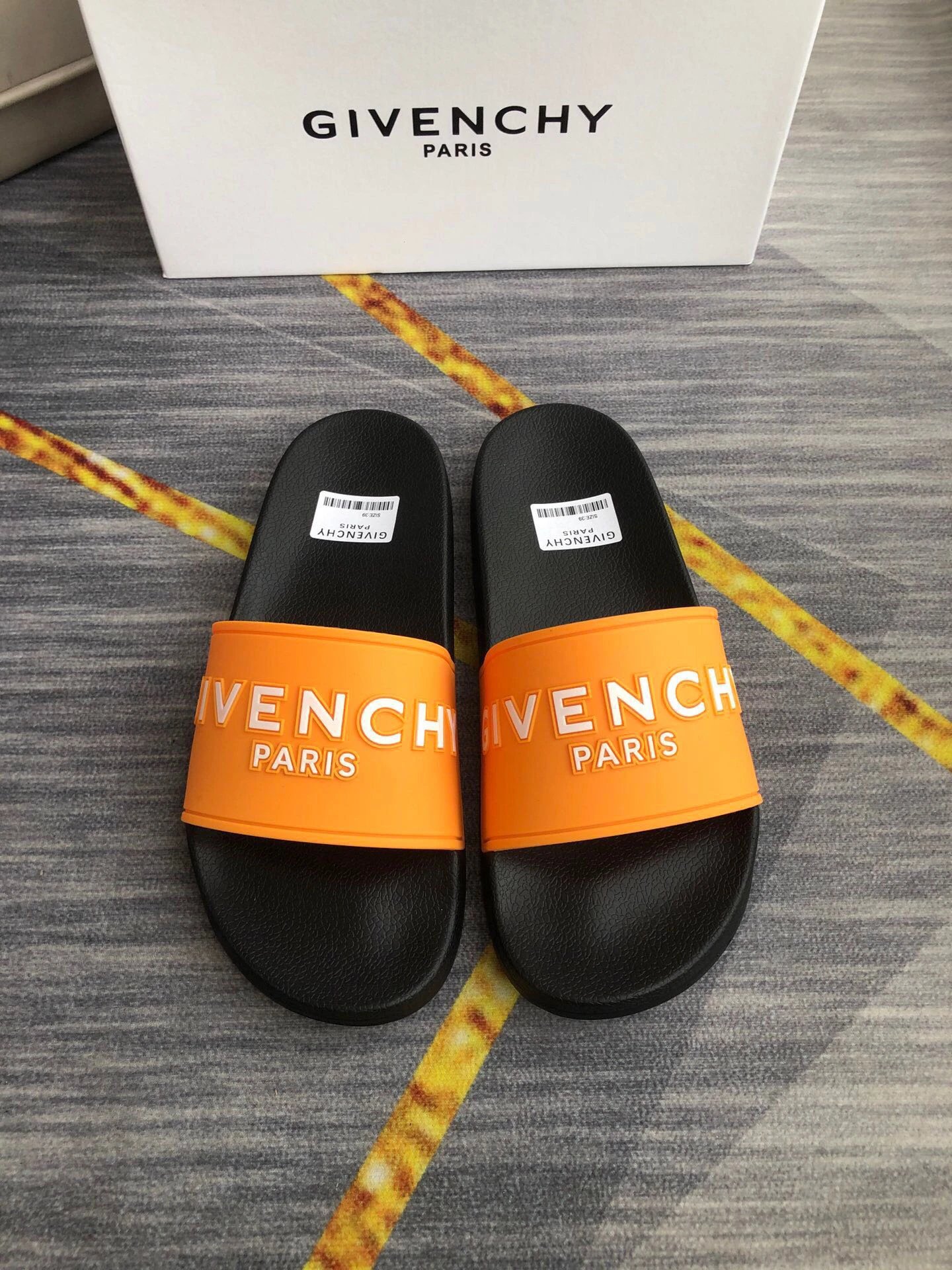 Givenchy Embossed Letters Trendy Cool Orange & Black Slide Sandals