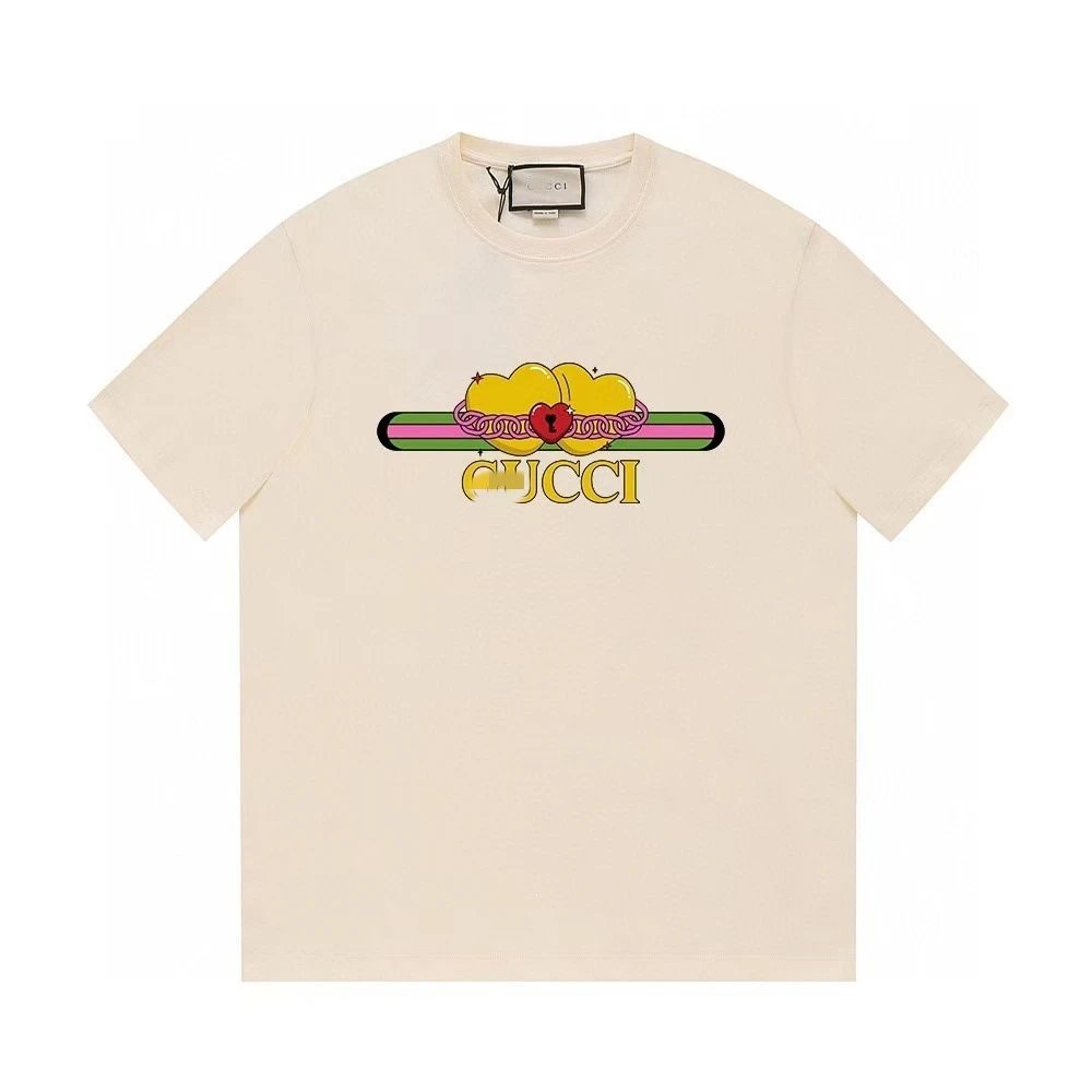 Gucci Double Heart Print Casual Style Off-White T-Shirt
