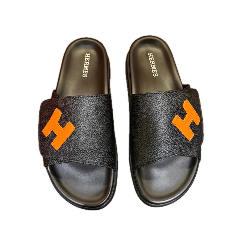 Hermès H Series Minimalist Style Black and Orange Colorblock Slide Sandals