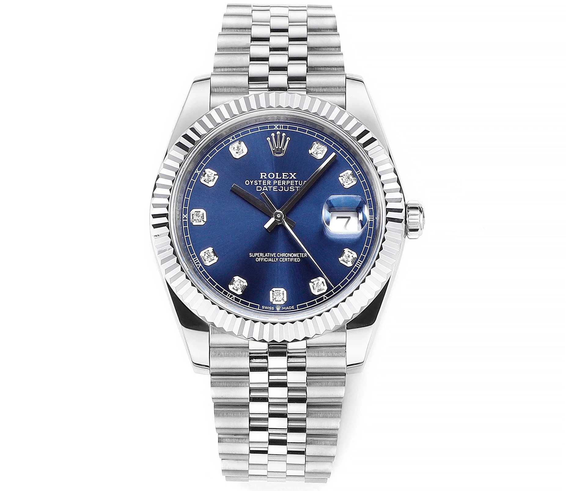 Blue Diamond-Marker Dial Silver And Blue Rolex Datejust Automatic Watch