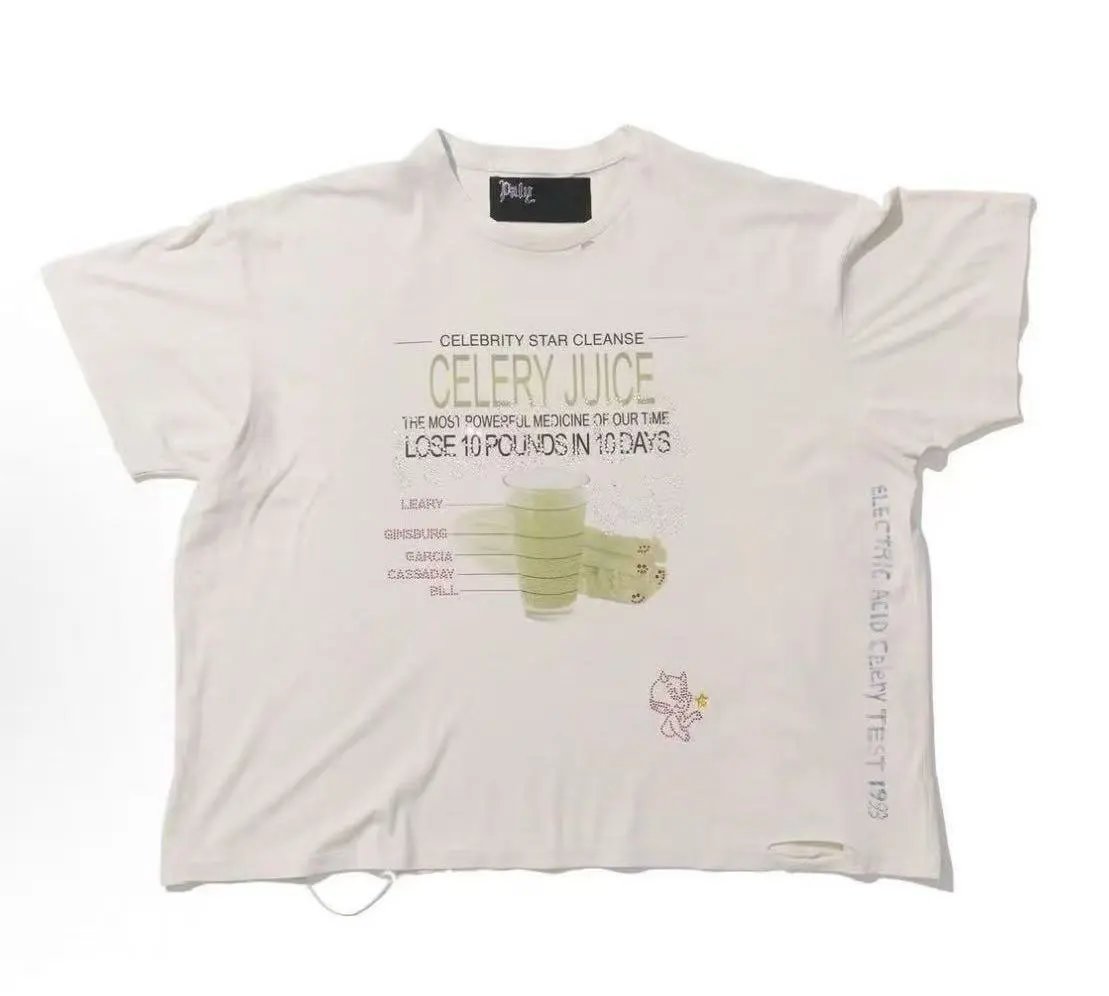 Paly Hollywood Celery Juice Print Vintage Style White T-Shirt