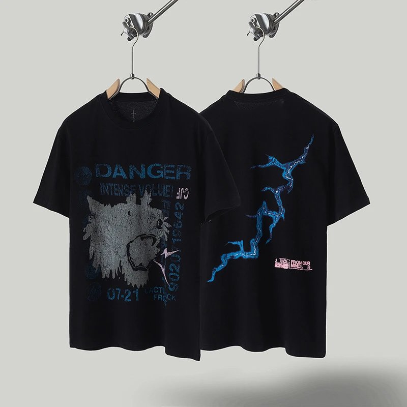 Travis Scott Lightning Print Street Style Black T-Shirt