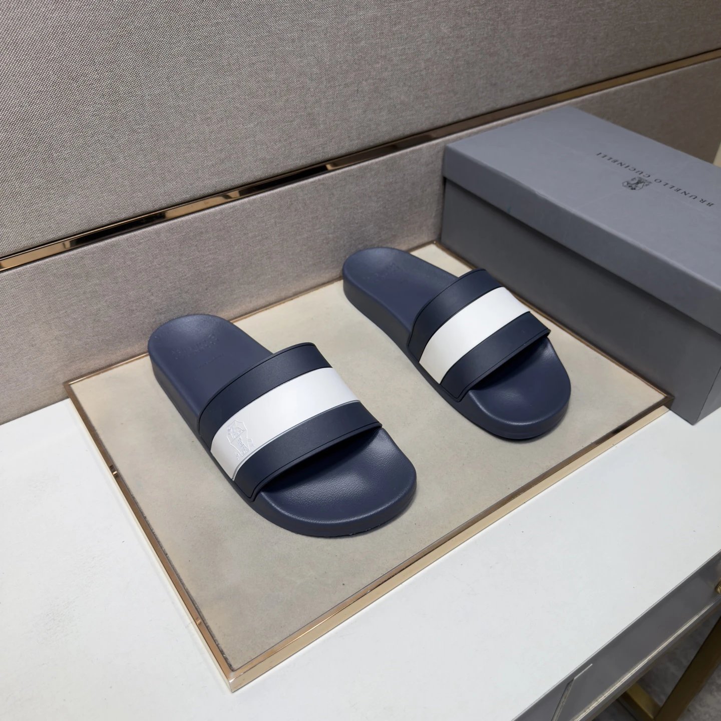 Brunello Cucinelli Casual-style Navy Blue and White Colorblock Slide Sandals