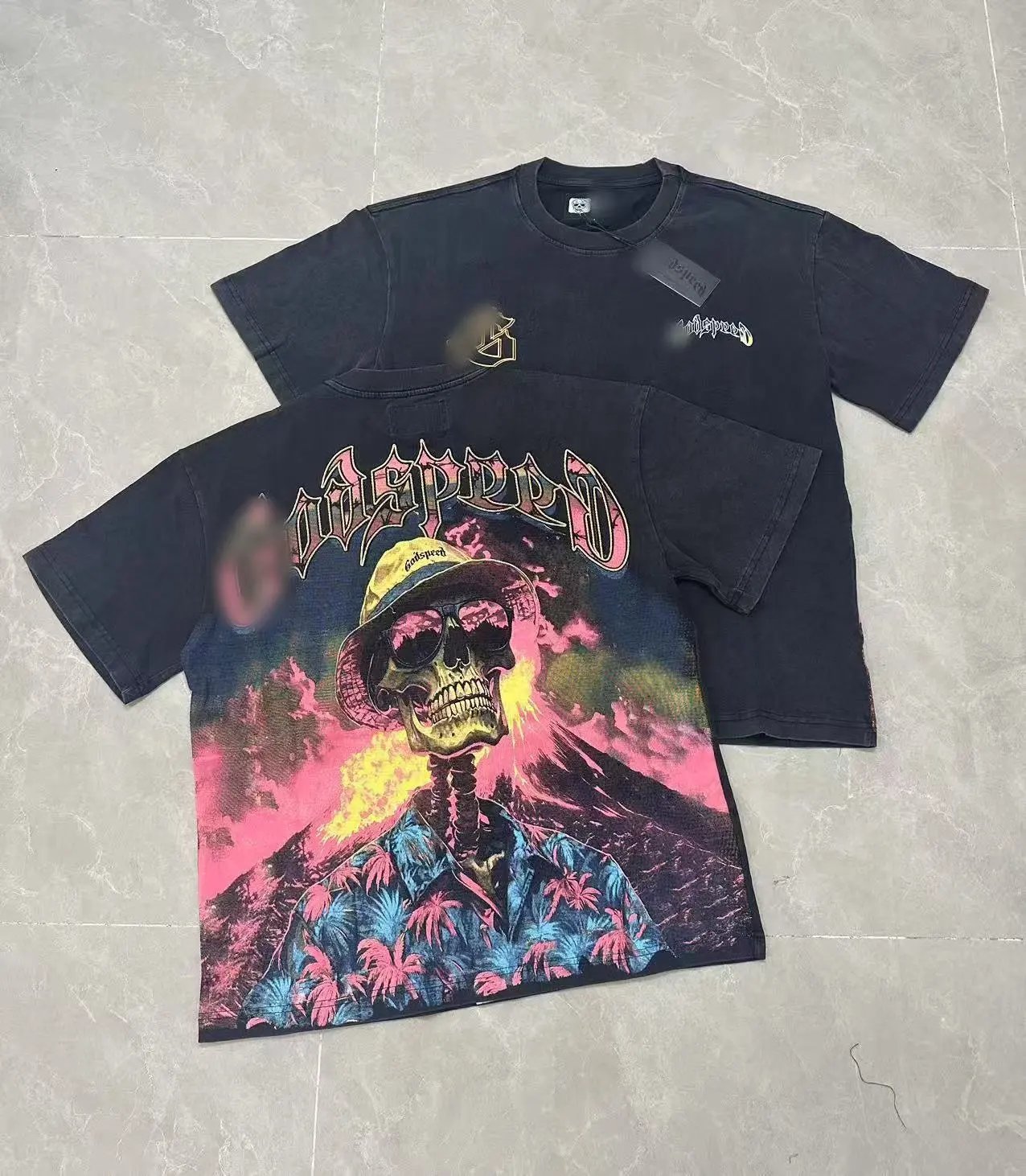 Godspeed Skeleton Print Vintage Black T-Shirt