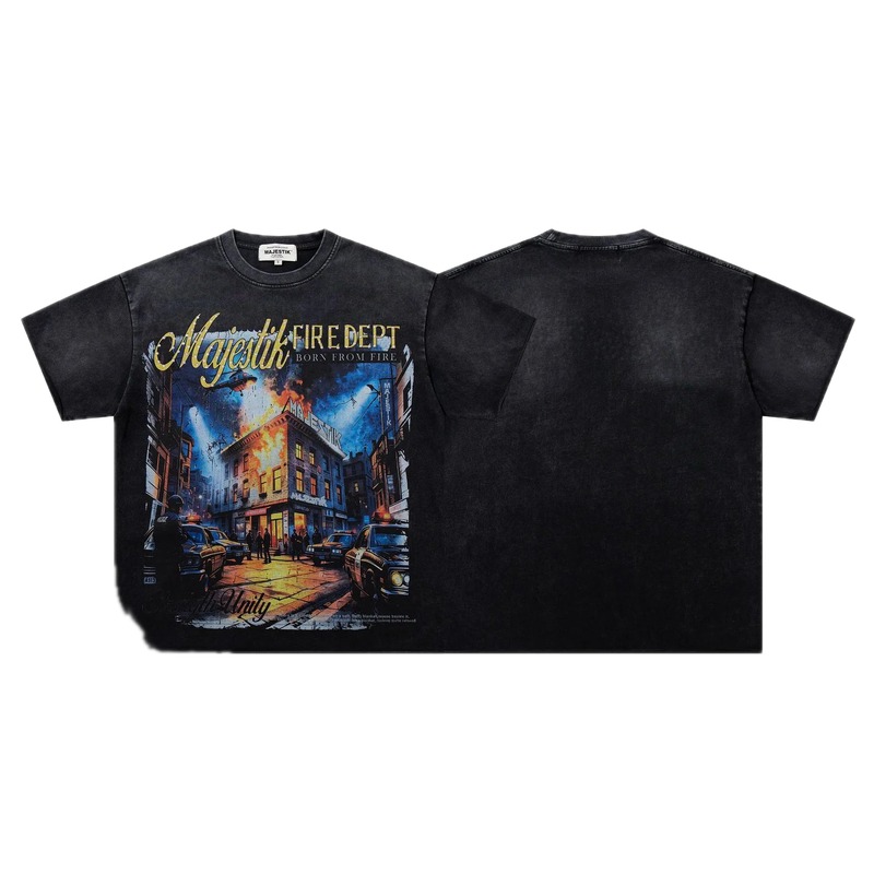 MAJESTIK Fire Department Vintage Distressed Black Printed T-shirt