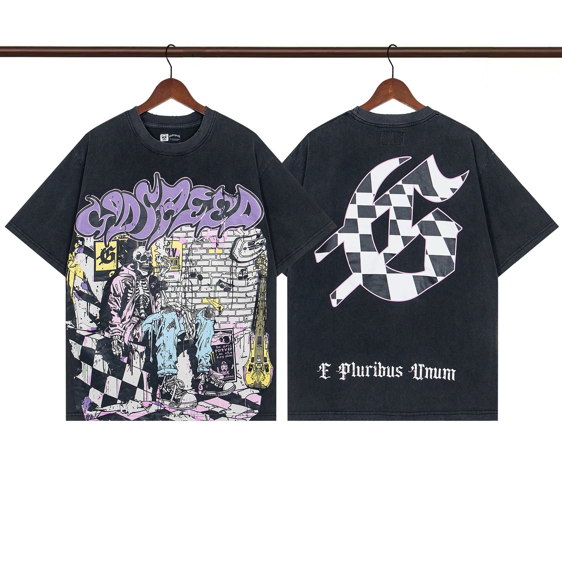Godspeed Skull Graffiti Street Style Charcoal Black T-shirt