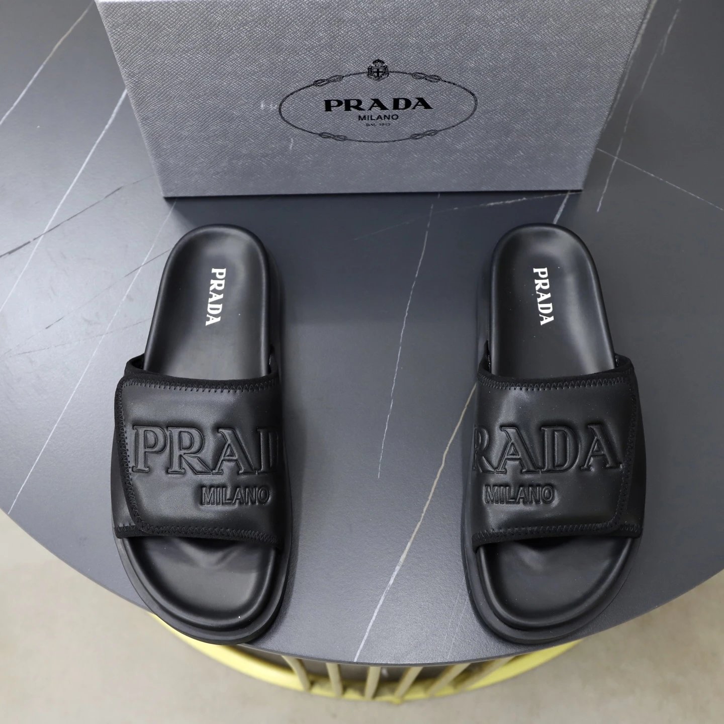 Prada Embossed Trendy Cool Style Black Slippers