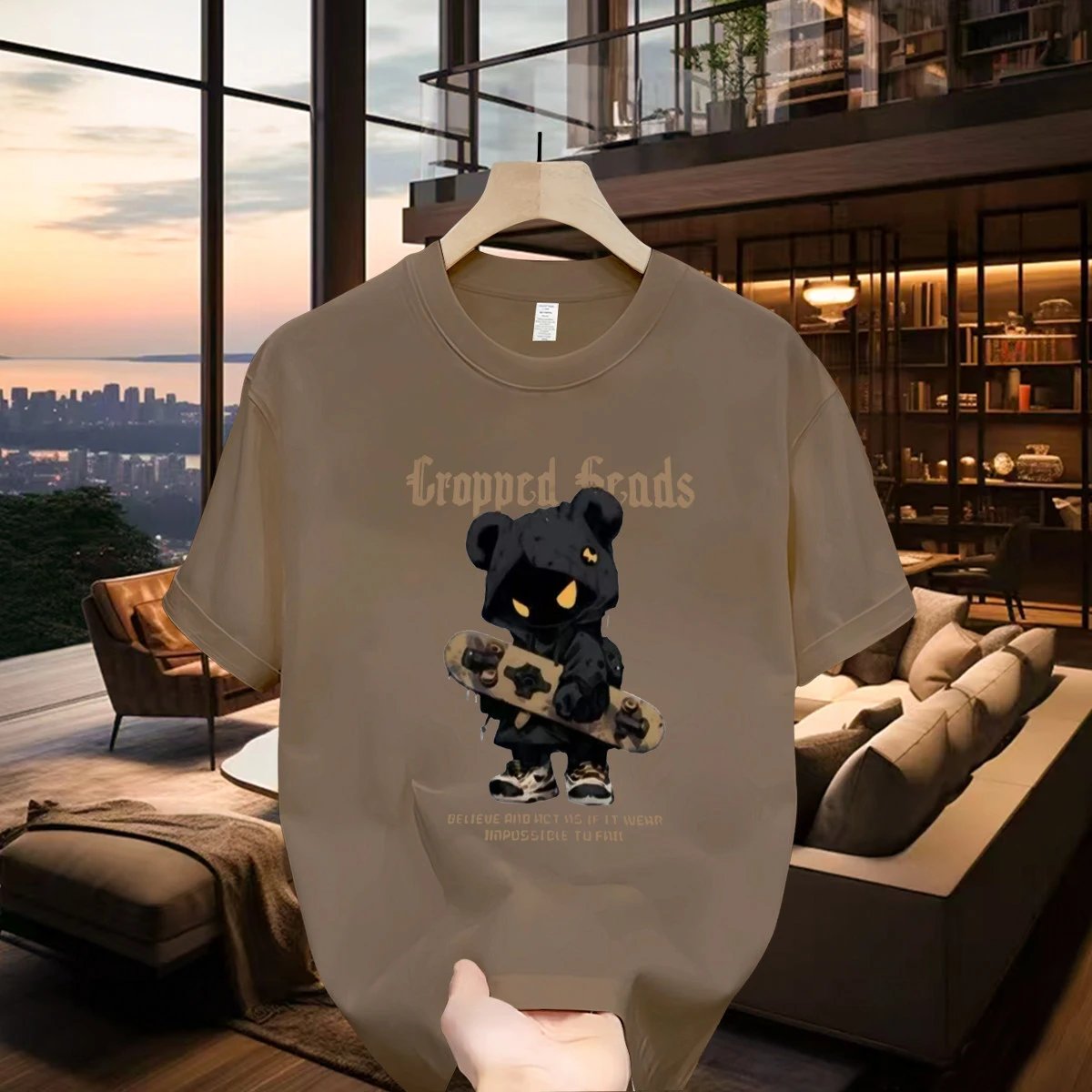 Khaki Street Style Skate Bear Streetwear Short-sleeve T-shirt