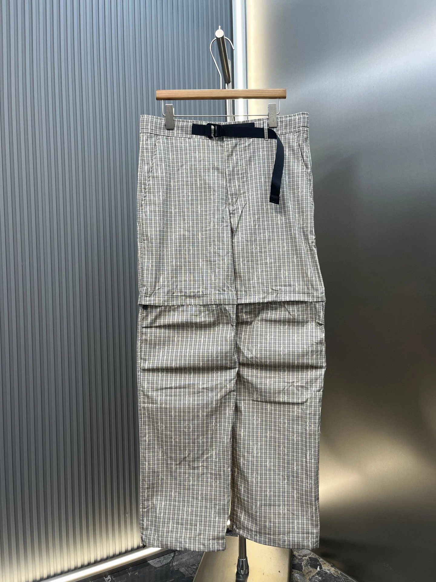 Striped Cargo Pants in Gray with vertical pinstripes and layered utility pockets - Independent Style