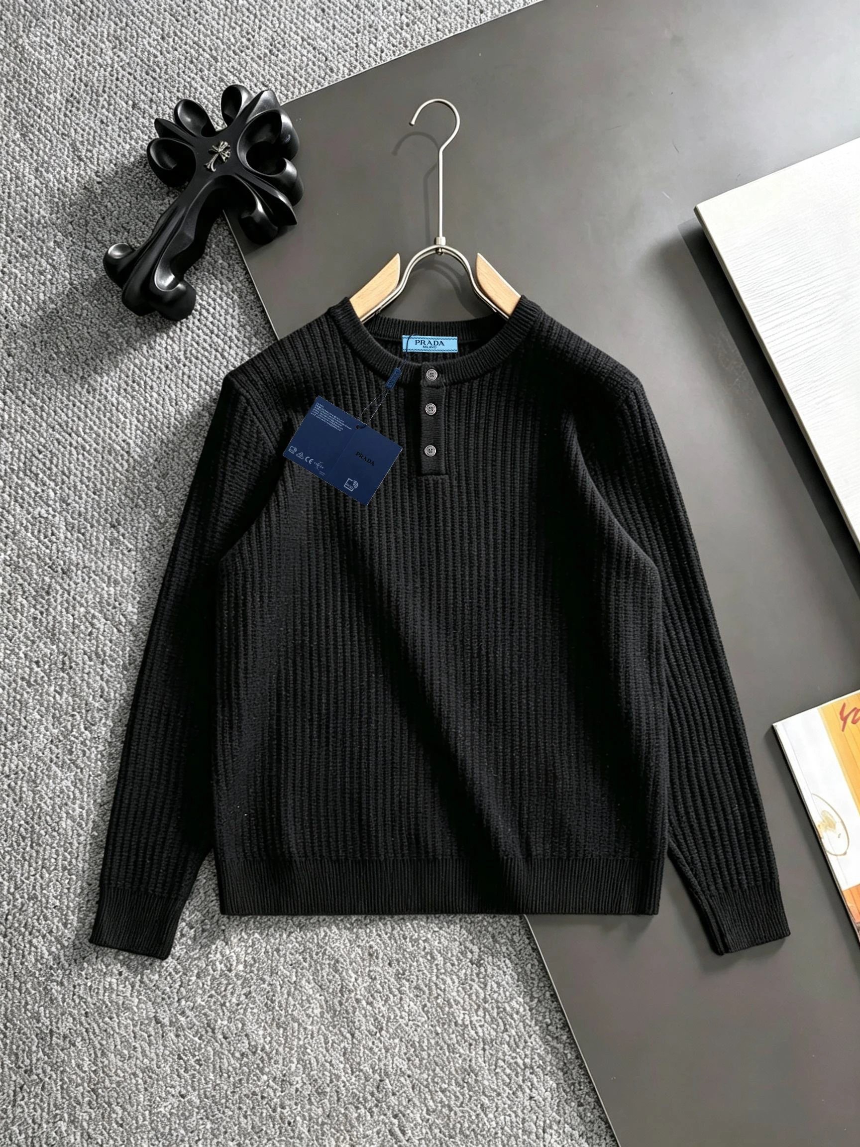 Black Ribbed Cardigan with Small Prada Ribbed Cardigan with Neutral Color