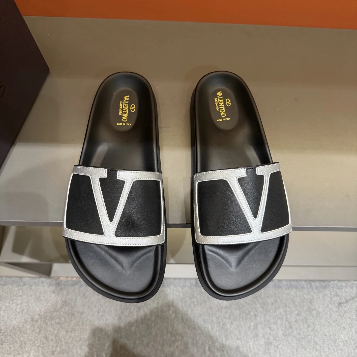 Valentino Large V Logo Light Luxury Style Black and Silver Slide Sandals
