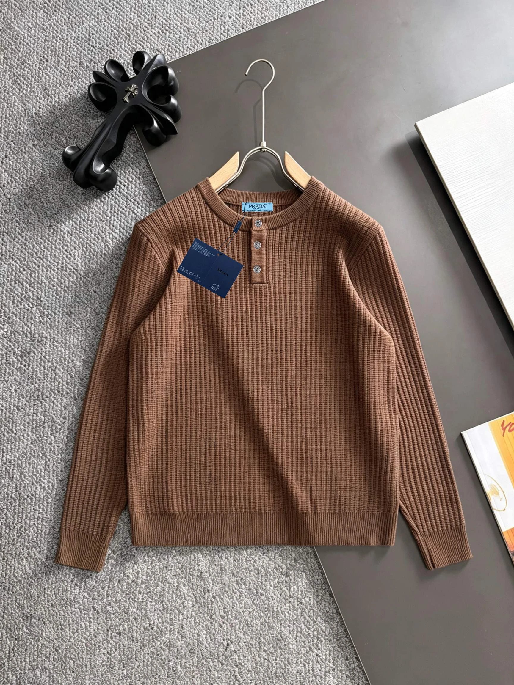 Brown Ribbed Sweater with Small Prada Ribbed Sweater with Statement Print