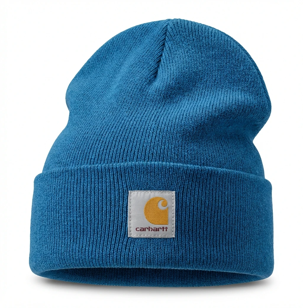 The classic blue knitted hat of Carhartt.