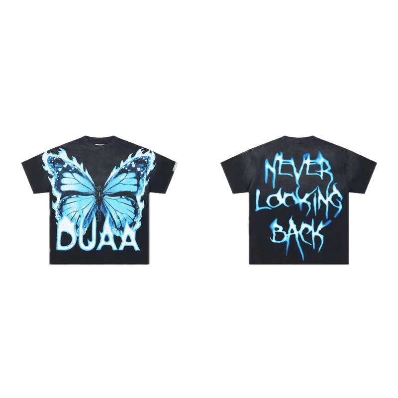 DUAA Butterfly Print Street Style Black and Blue Short-sleeved T-shirt