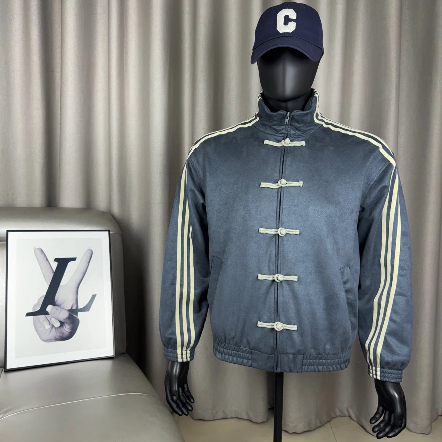 Adidas Chinese Knot Track Jacket in Slate Gray with traditional knot closures over a zip front