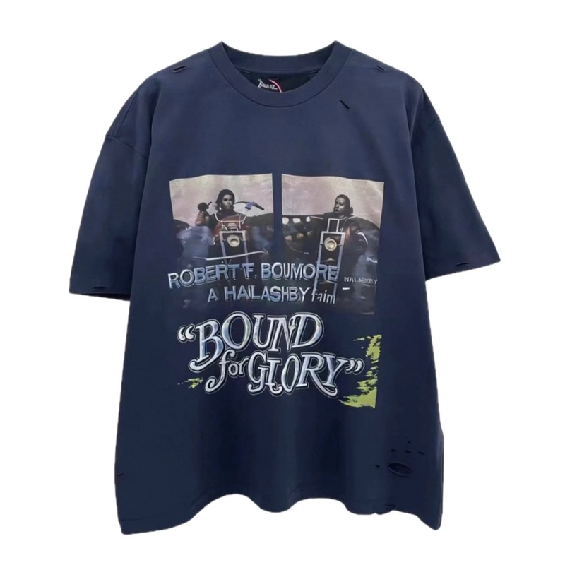 Paly Hollywood Printed Vintage Navy Blue Short Sleeve T-shirt