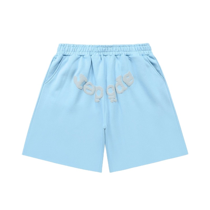 Sp5der letter-style light blue shorts