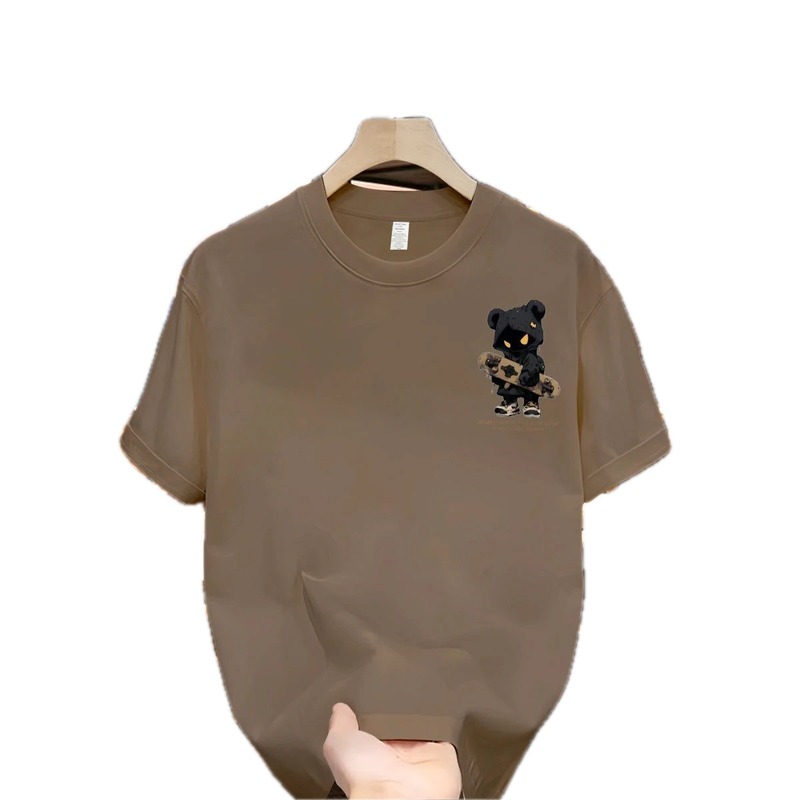 Streetwear Brand Street Style Khaki Short-sleeve T-shirt with Skateboarding Bear Graphic