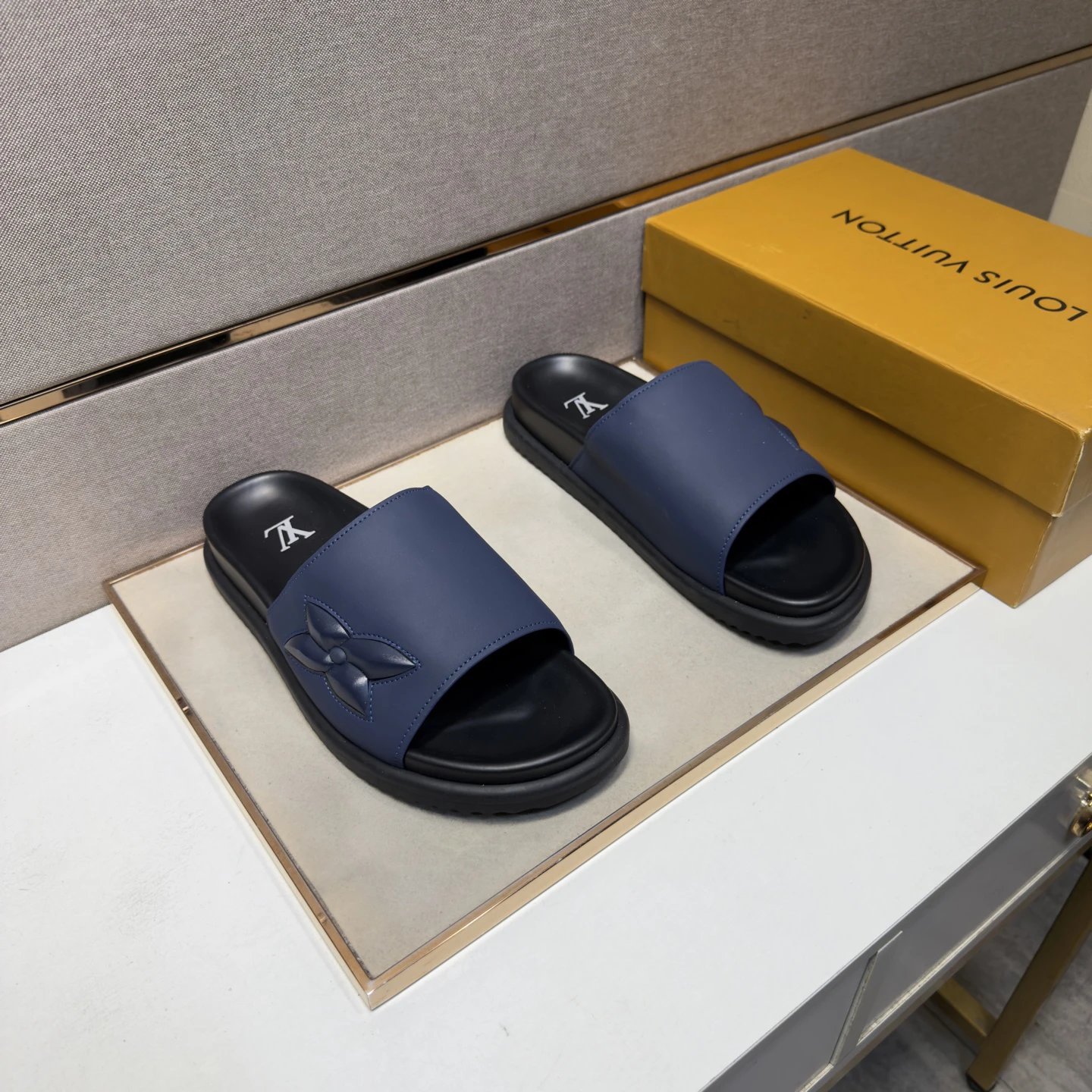 Louis Vuitton Monogram Minimalist Style Navy Blue Slides