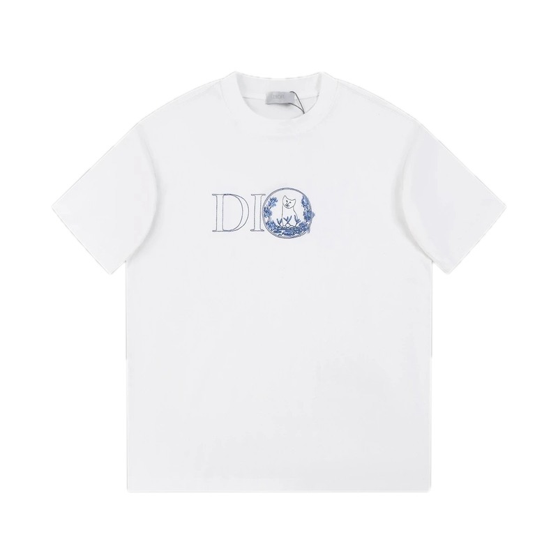 Dior Cat-Embroidered Light Luxury Style White Short-sleeve T-shirt